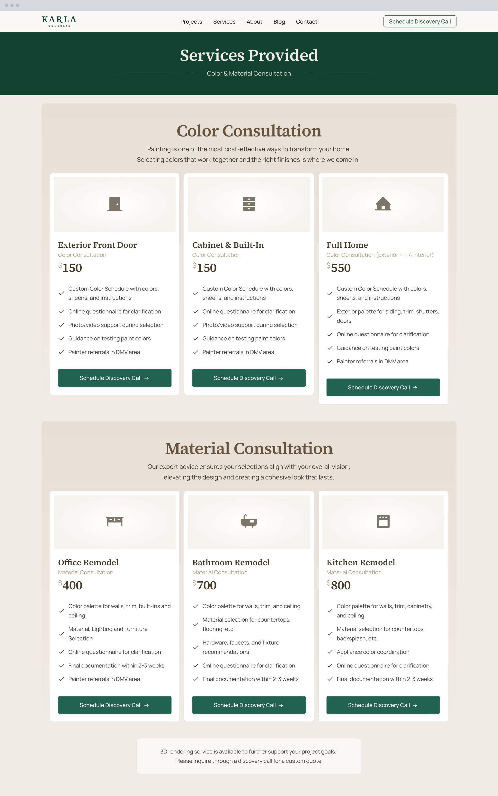The services page: six consultations, each priced, each listing what it covers