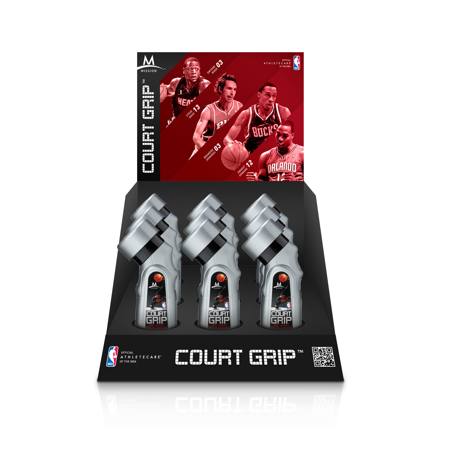 The Court Grip counter display, nine bottles under a four player header card