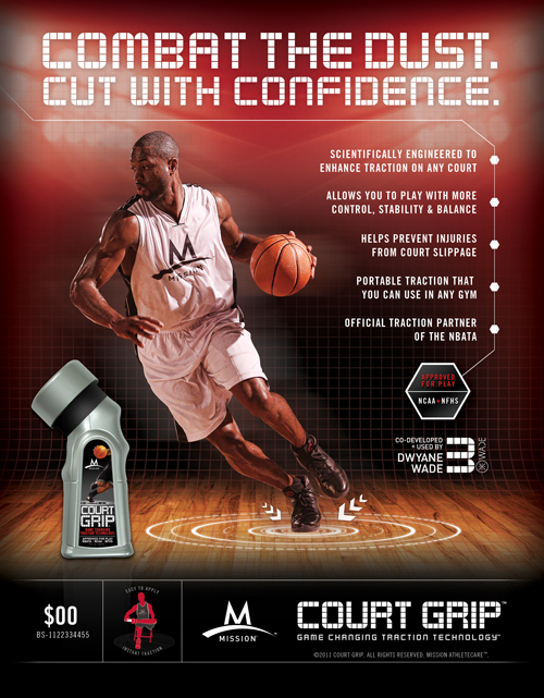 The Court Grip sell sheet, five claims stepped down the right over the player and the bottle