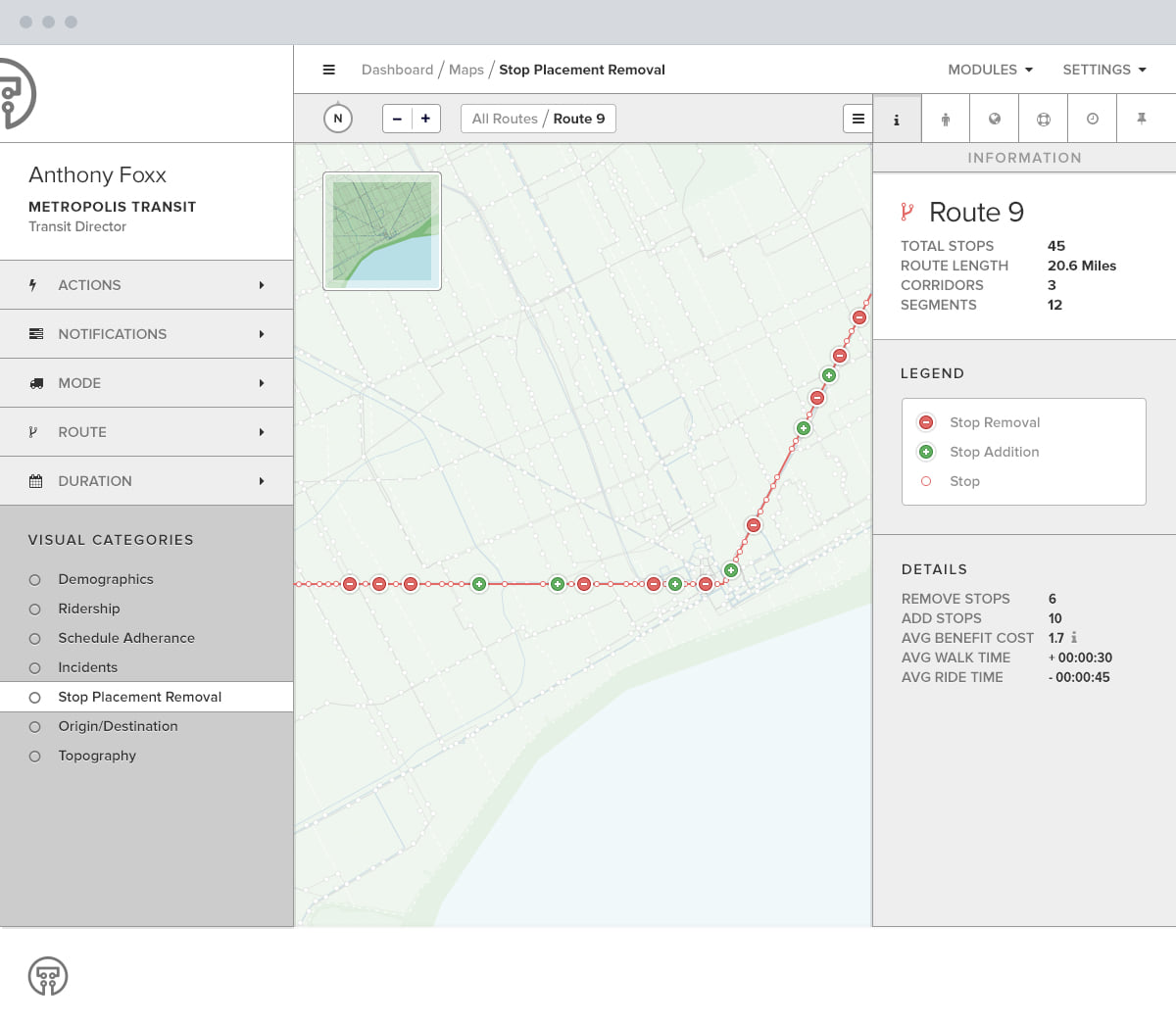 Route 9 stop placement, with the walk and ride time the change costs and saves