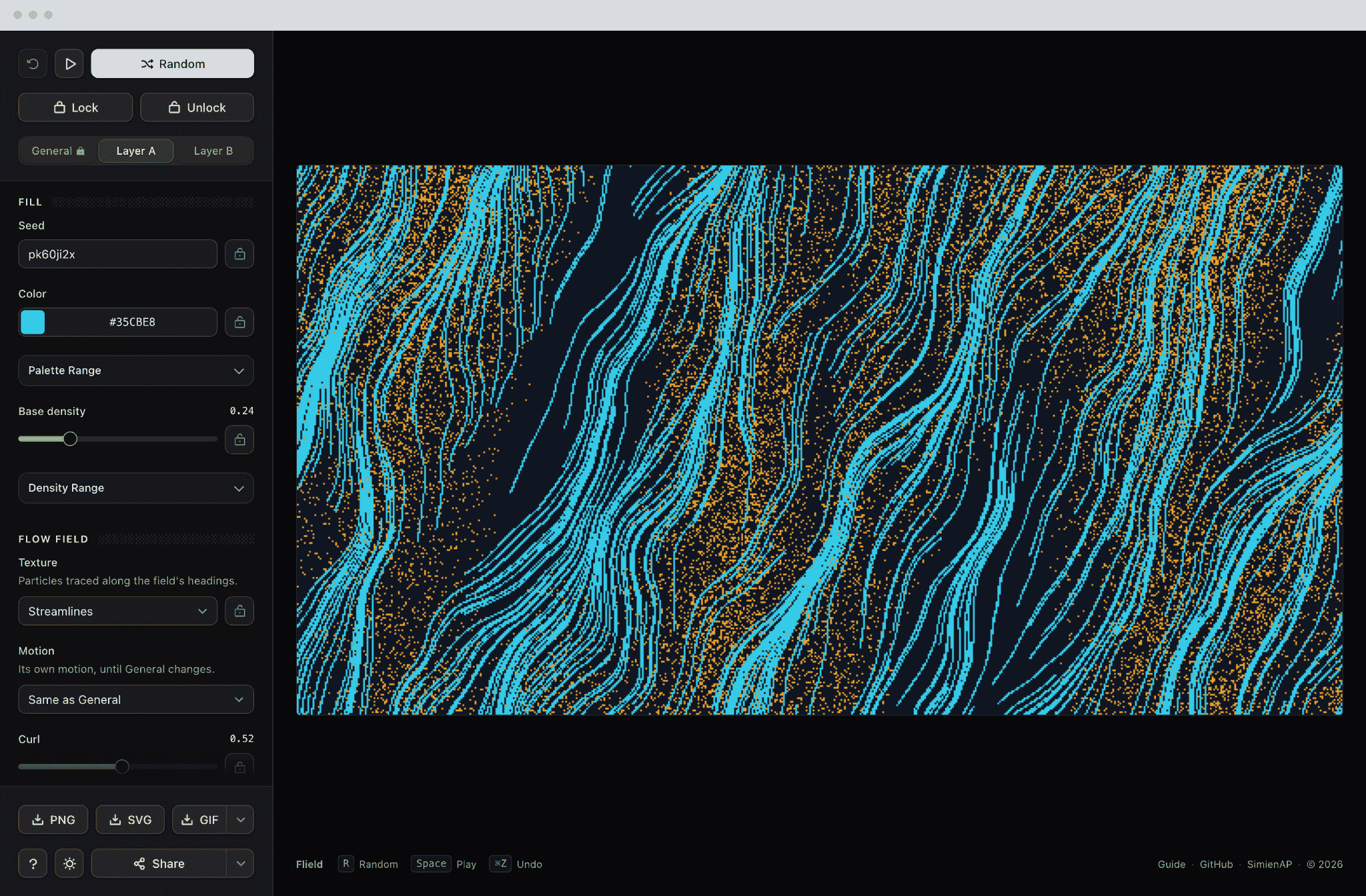 A layer in the dark theme: seed, palette window, flow texture and curl