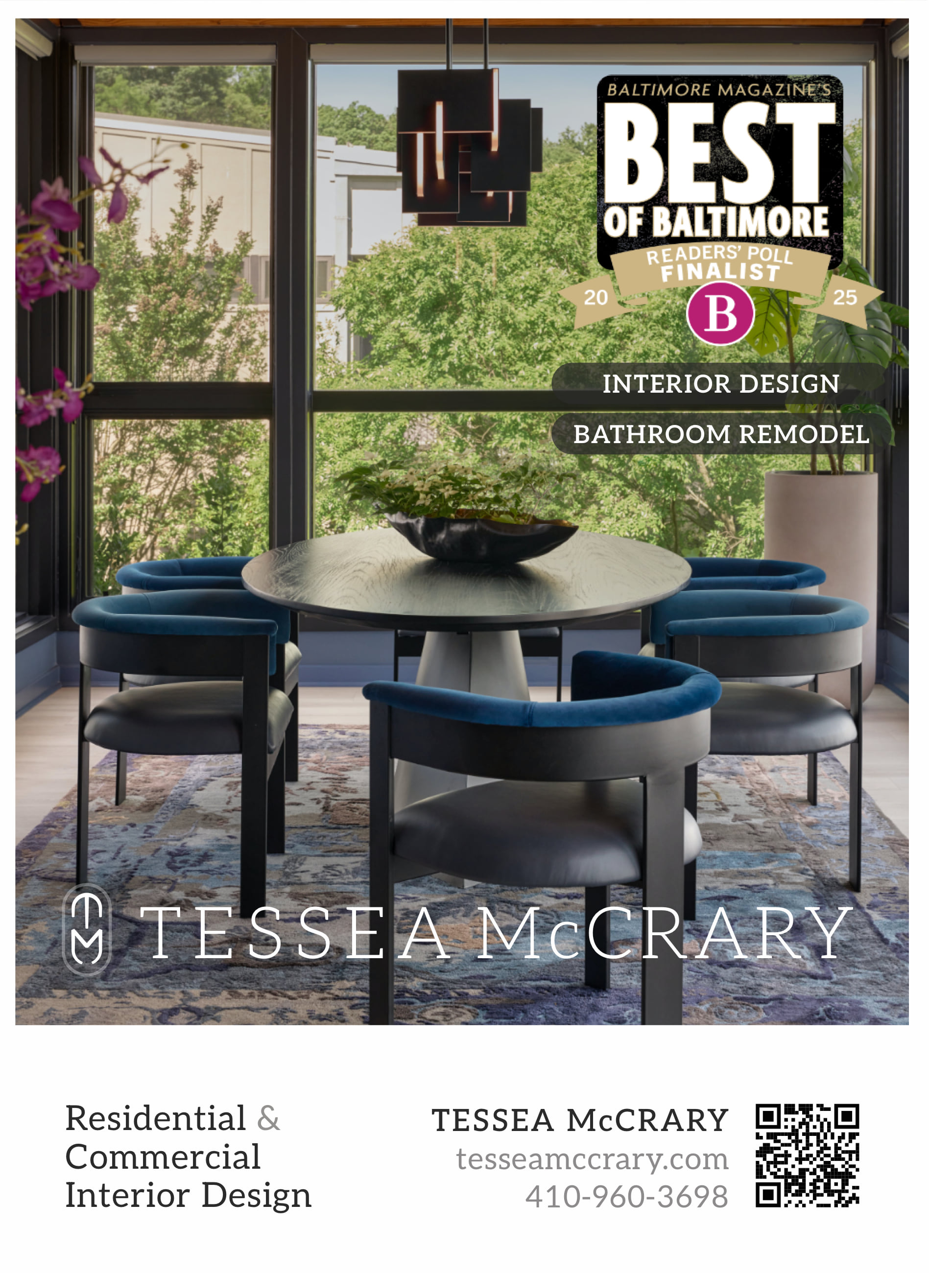 The Baltimore Magazine quarter page: the room, the finalist badge in two categories, the mark and the QR code to the portfolio