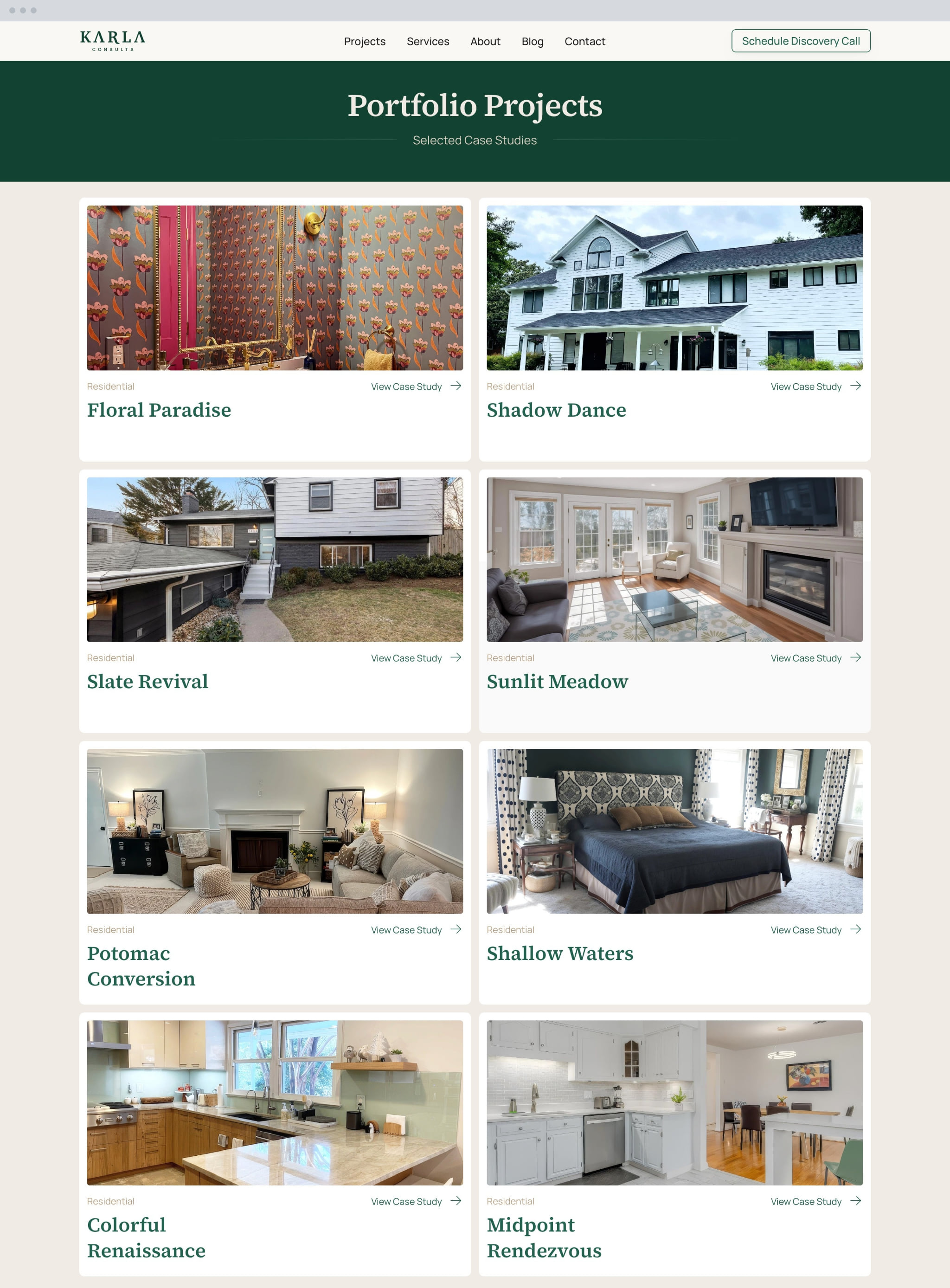 The projects page, eight finished rooms a referral can be pointed straight at