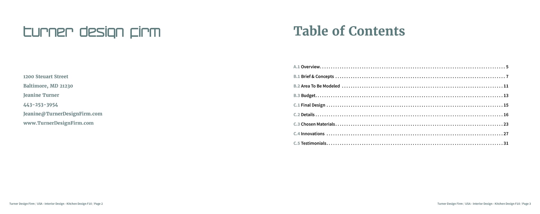 The title page facing the table of contents, nine sections lettered A to C with their page numbers