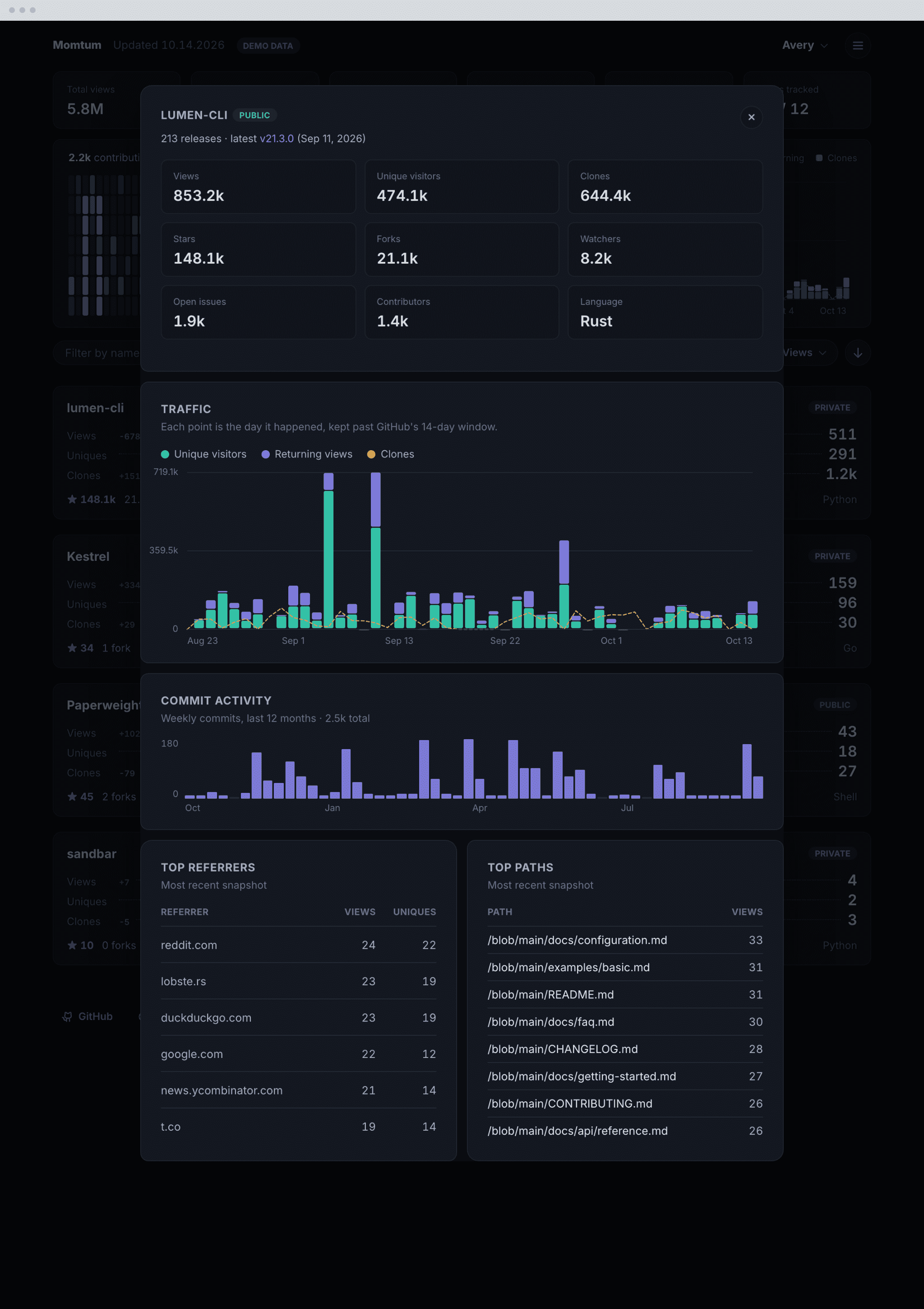 A repository opened: nine stats, the three traffic series day by day, weekly commit volume, and the referrers and paths tables