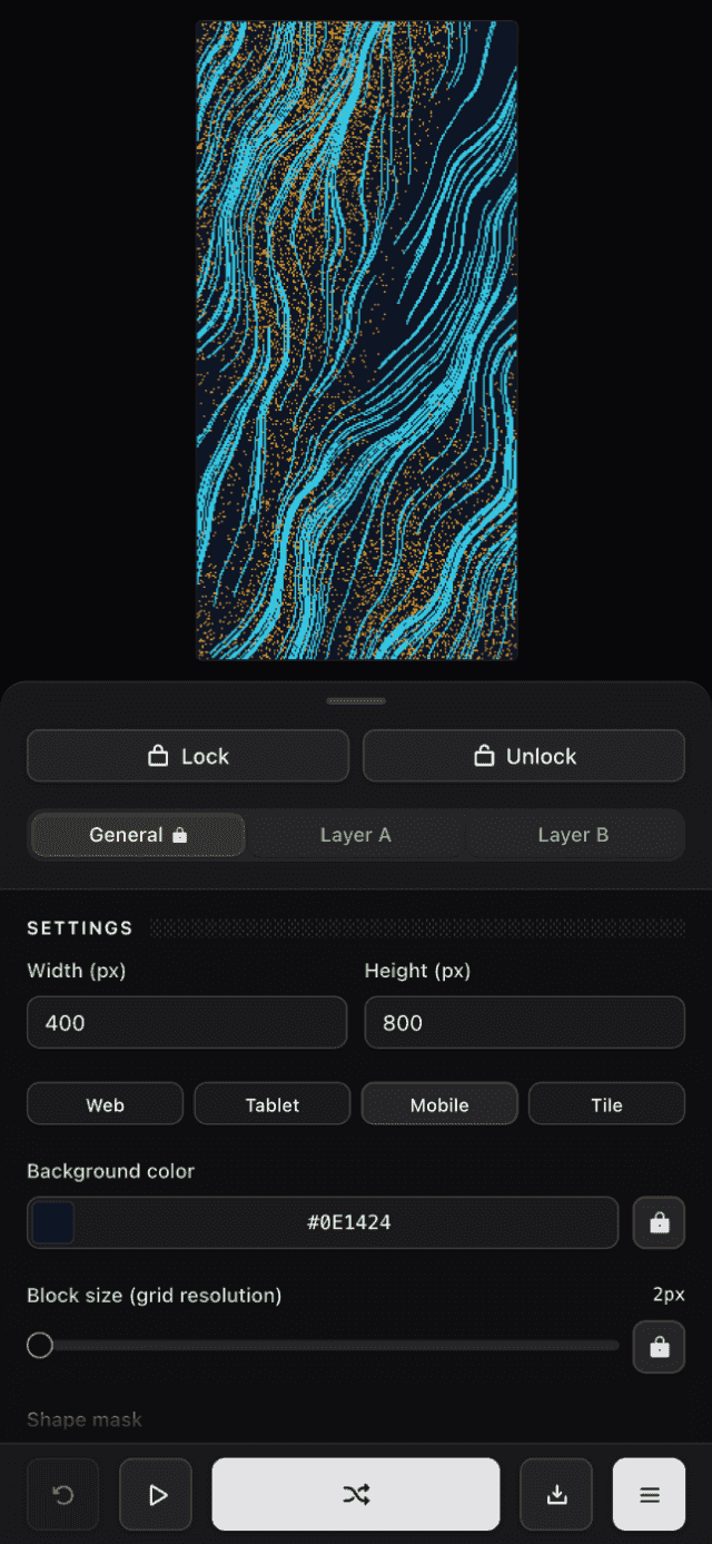 The settings sheet open over the canvas