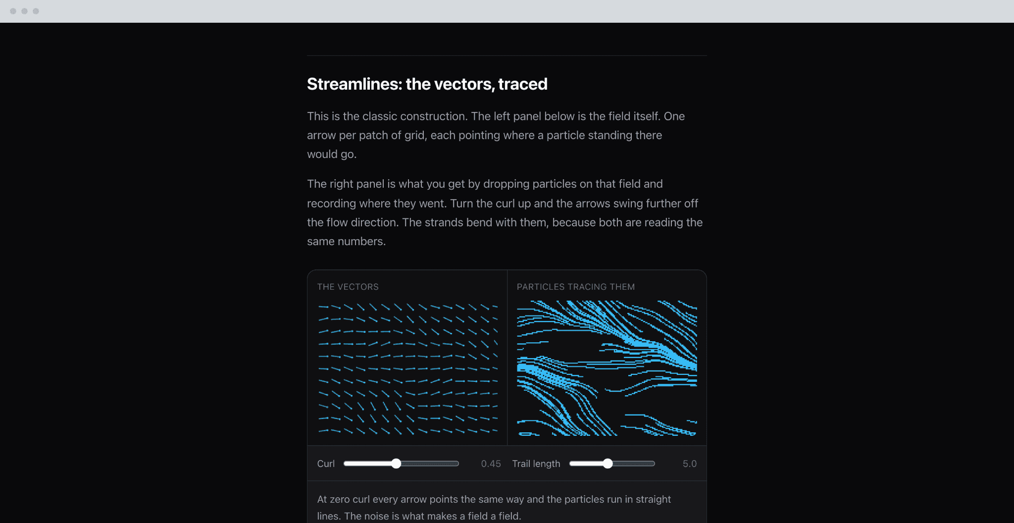 Two of the four pages drawing their own explanation: the field and the particles tracing it above, one tile against its nine times repeat below