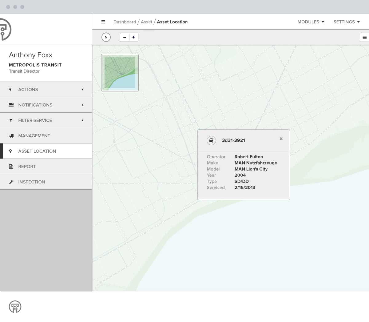 Asset location, with a vehicle's make, model, year and last service date