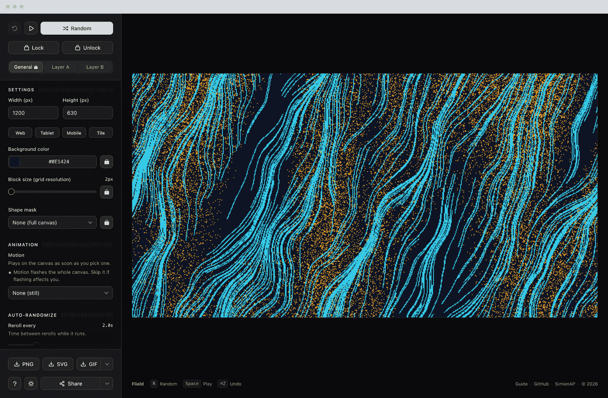The generator: canvas, settings, animation and the keyboard shortcuts along the foot