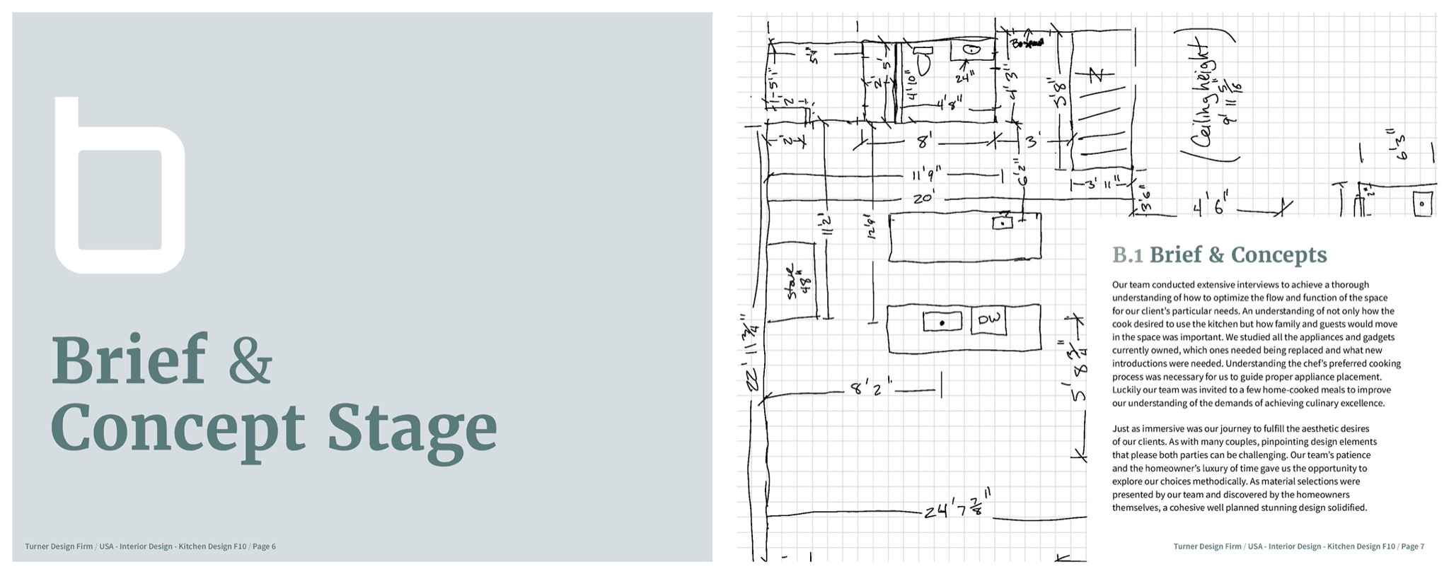The Brief and Concept Stage divider facing the hand-drawn survey, dimensioned in pencil on grid paper