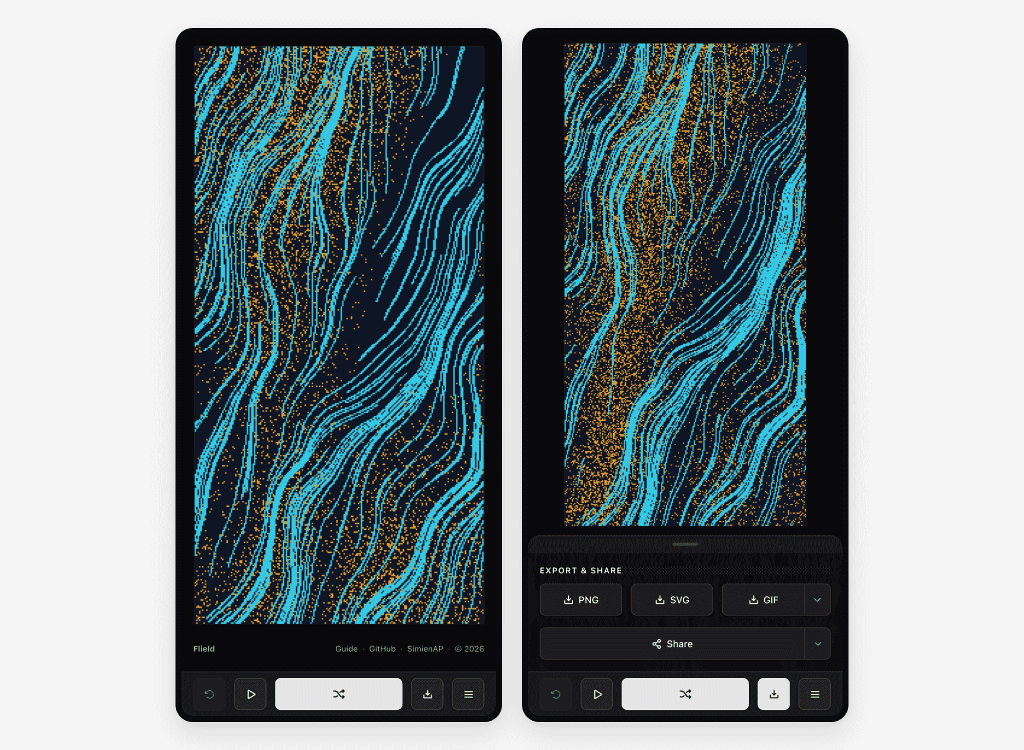 The phone layout: the canvas taking the screen, and the export sheet