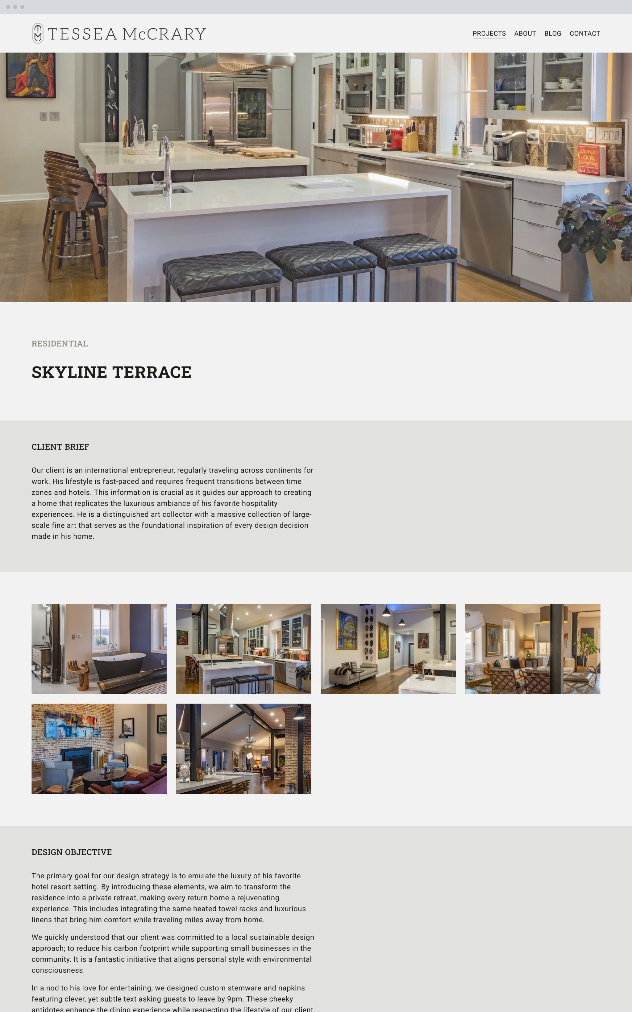 A project page: the room, then the client brief, the gallery and the design objective, in that order