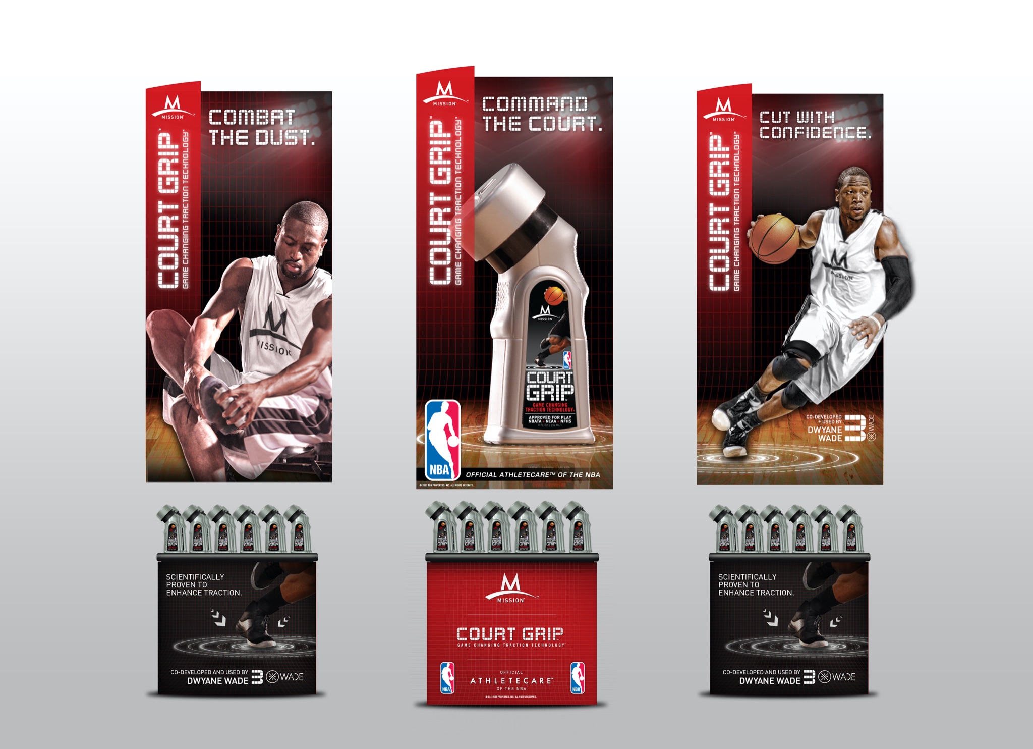 Three shelf towers, each with its own headline and image over a tray of six bottles