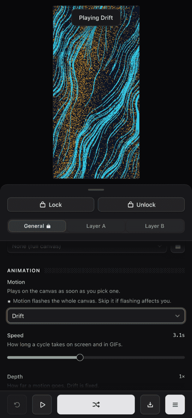 Motion set to Drift, with a toast naming the change
