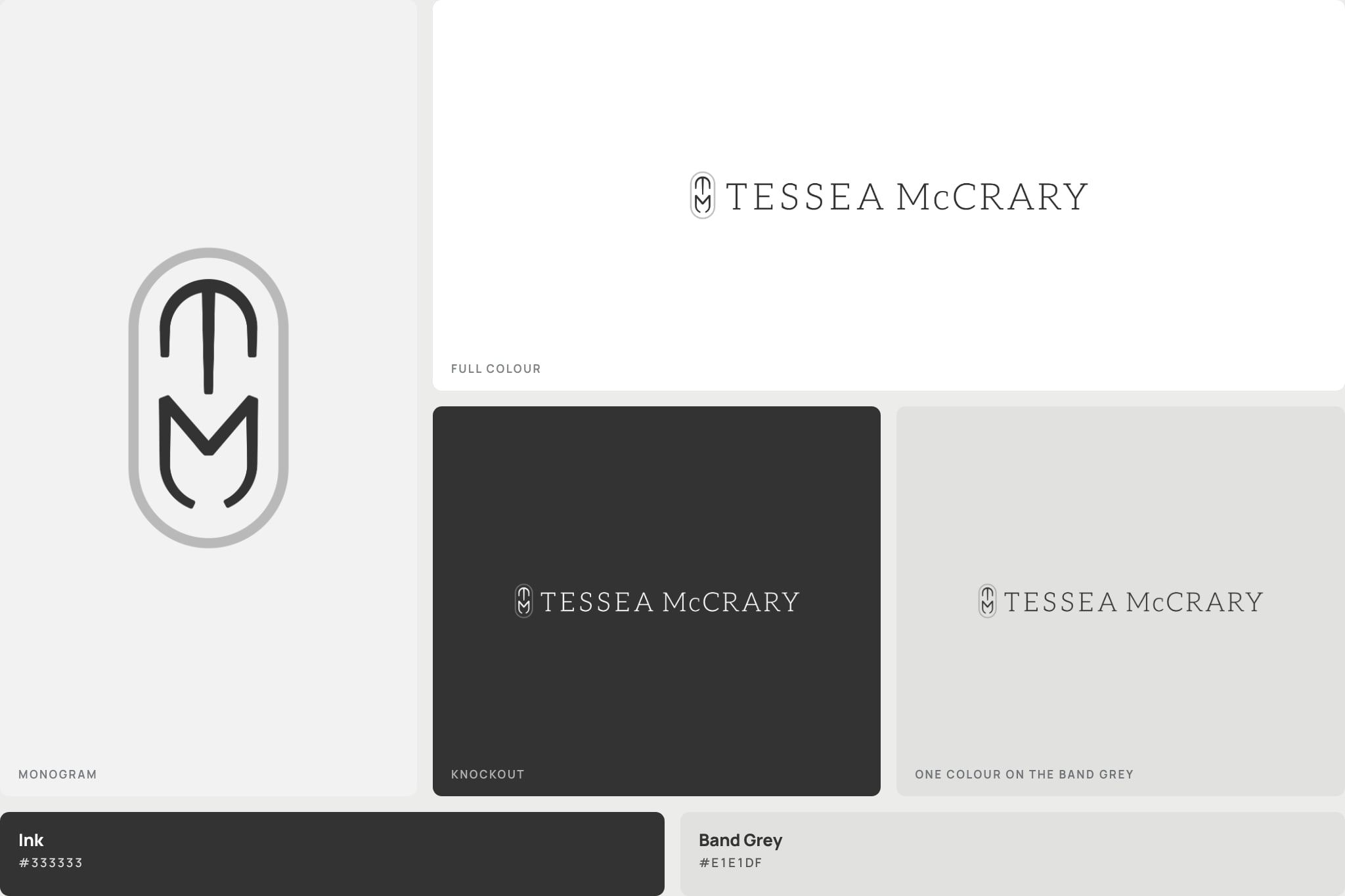 The TM monogram, the lockup in full color, knocked out and in one color, and the two values the guide prints it on