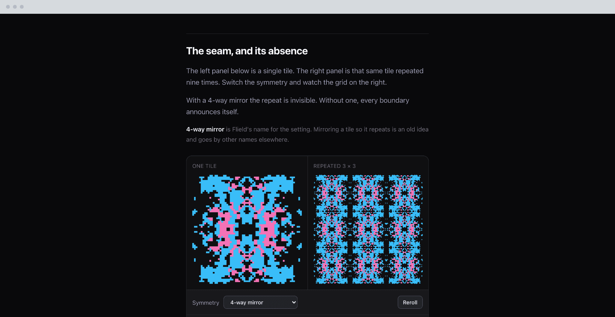 The tiling page, one tile beside that tile repeated nine times, both drawn live with the symmetry switchable